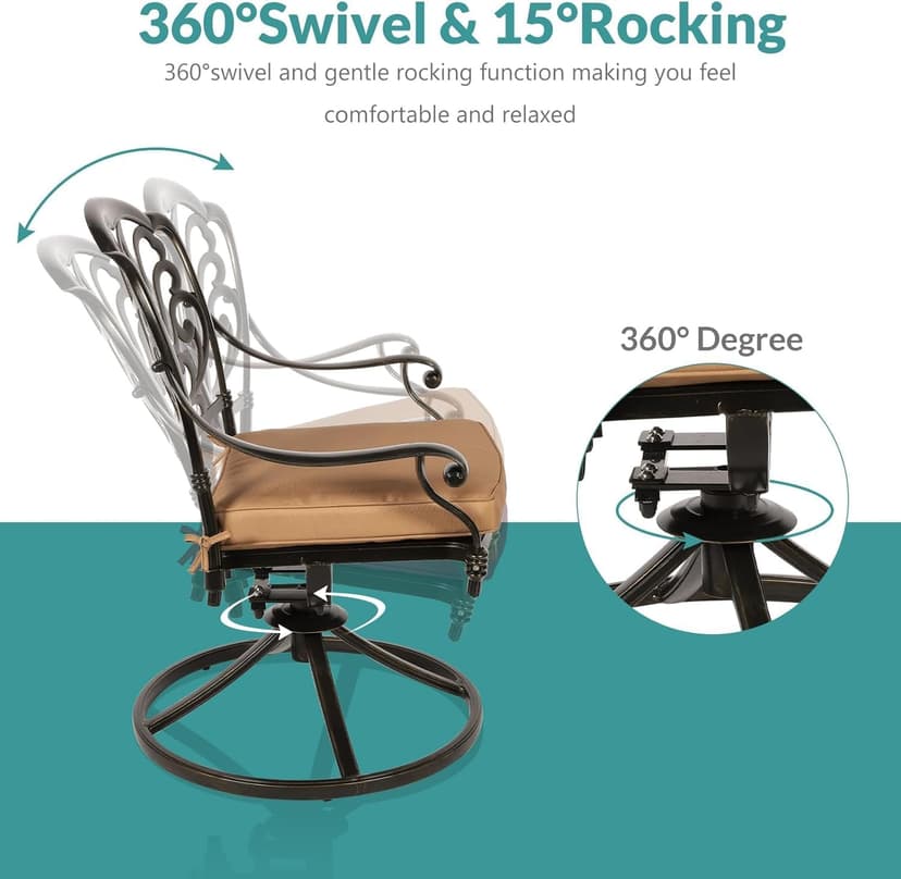 MEETWARM Outdoor 9-Piece Patio Dining Set, All-Weather Cast Aluminum Patio Conversation Set- 8 Cushioned Swivel Rocker, 61" Round Patio Dining Table w/Detachable Lazy Susan/Umbrella Hole, Dark Bronze