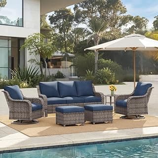 6 Piece Patio Furniture Set with Swivel Chairs, Side Table & Ottomans, Outdoor Conversation Set for Backyard, Deck, Porch, Poolside - Blue Comfortable Cushions in Mixed Grey Wicker