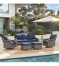 6 Piece Patio Furniture Set with Swivel Chairs, Side Table & Ottomans, Outdoor Conversation Set for Backyard, Deck, Porch, Poolside - Blue Comfortable Cushions in Mixed Grey Wicker
