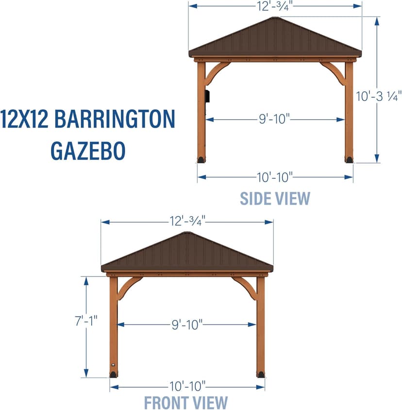 Backyard Discovery Barrington 12' x 12' Cedar Wood Outdoor Gazebo Pavilion with Hardtop Galvanized Steel Hip Roof, Snow Support, Wind Resistance, PowerPort, Shade for Garden, Patio, Deck, Entertaining