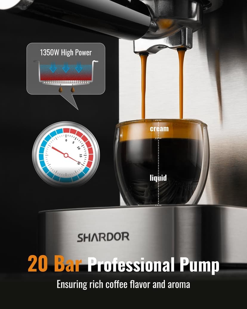 SHARDOR Espresso Machine 20 Bar, Professional Espresso Machine with Milk Frother and Touchscreen, Expresso Coffee Machines with Adjustable Temperature,for Cappuccino, Latte