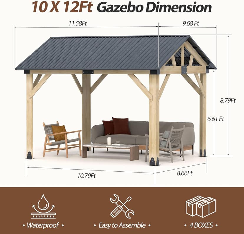 10' x 12' Wood Gazebo, Outdoor Cedar Hardtop Wooden Frame Gazebos with Galvanized Steel Roof for Garden, Patio, Deck