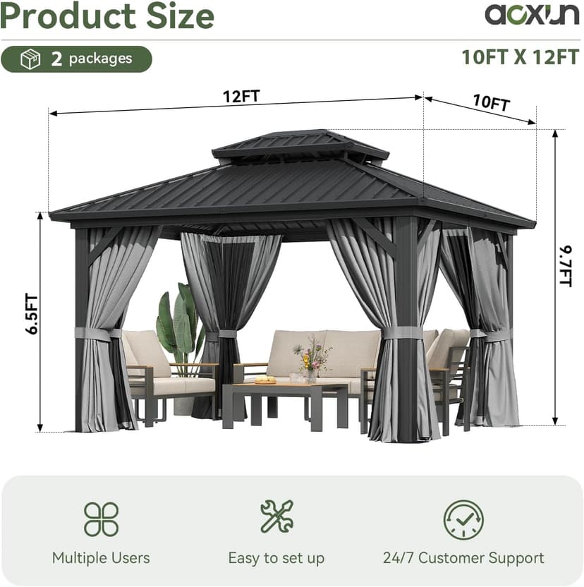 Aoxun 12'x10' Hardtop Gazebo, Aluminum Frame Permanent Pavilion with Curtains and Netting, Outdoor Galvanized Double Roof Canopy, Designed for Garden, Lawns, Patio (Black/Grey)