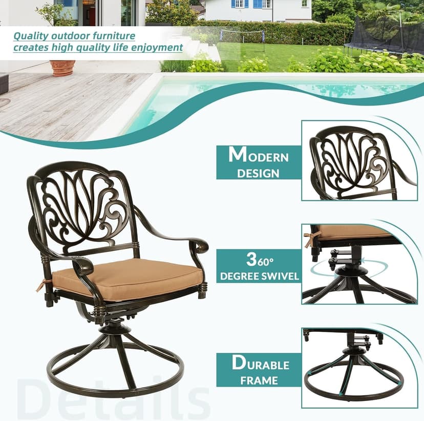 MEETWARM Outdoor 9-Piece Patio Dining Set, All-Weather Cast Aluminum Patio Conversation Set- 8 Cushioned Swivel Rocker, 61" Round Patio Dining Table w/Detachable Lazy Susan/Umbrella Hole, Dark Bronze