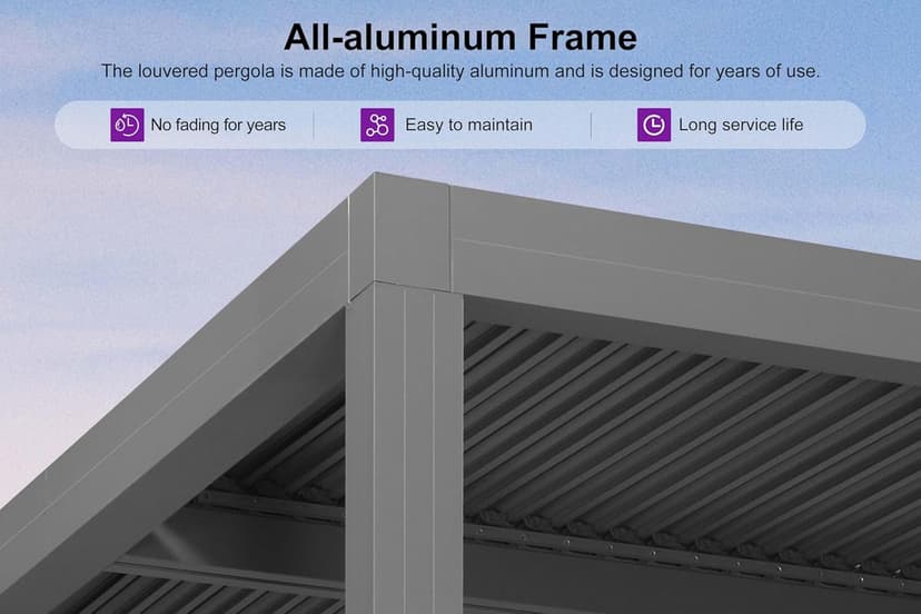 PURPLE LEAF Louvered Pergola 10' x 13' Outdoor Retractable Modern Hardtop Full Aluminum Pergola with Adjustable Rainproof Roof and 36 Clear LED String Lights for Patio Deck Backyard Slate Grey