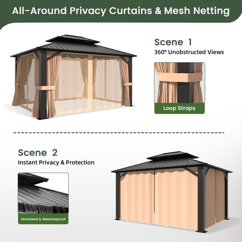 10’x12’ Hardtop Gazebo, Galvanized Steel Double Roof Canopy with Aluminum Frame, Outdoor Pavilion with Nettings and Curtains