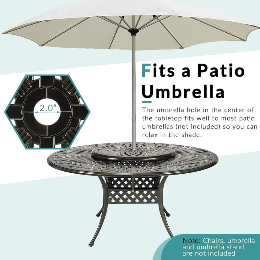 MEETWARM Outdoor 9-Piece Patio Dining Set, All-Weather Cast Aluminum Patio Conversation Set- 8 Cushioned Swivel Rocker, 61" Round Patio Dining Table w/Detachable Lazy Susan/Umbrella Hole, Dark Bronze