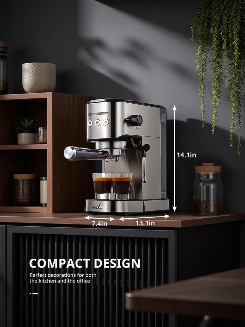 UDI Espresso Machine with Milk Frother, 20 Bar High Pressure Professional Espresso Maker Automatic, Compact Stainless Steel Coffee Machine for Cappuccino, Latte, Silver