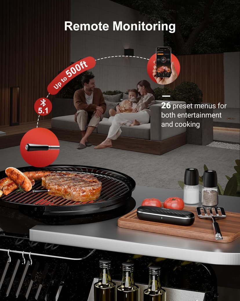 500ft Bluetooth Wireless Meat Thermometer for Smoker, Fitflavor Digital Grill Meat Thermometer Wireless for Grilling BBQ Cooking Oven Rotisserie, Rechargeable Battery, IP67 Waterproof (FNT11-4)