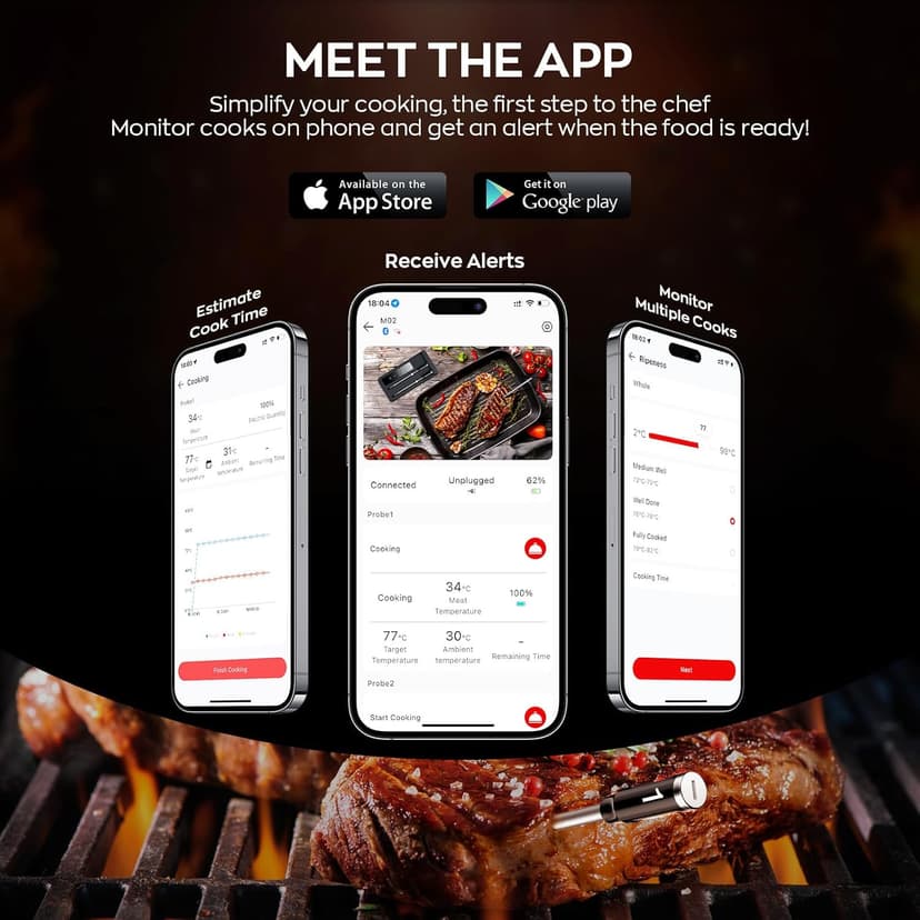 Smart Wireless Meat Thermometer with Dual Probes, Bluetooth & WiFi Combo, High Precision & Fast Response for BBQ, Grill, Smoker, Oven, Air Fryer