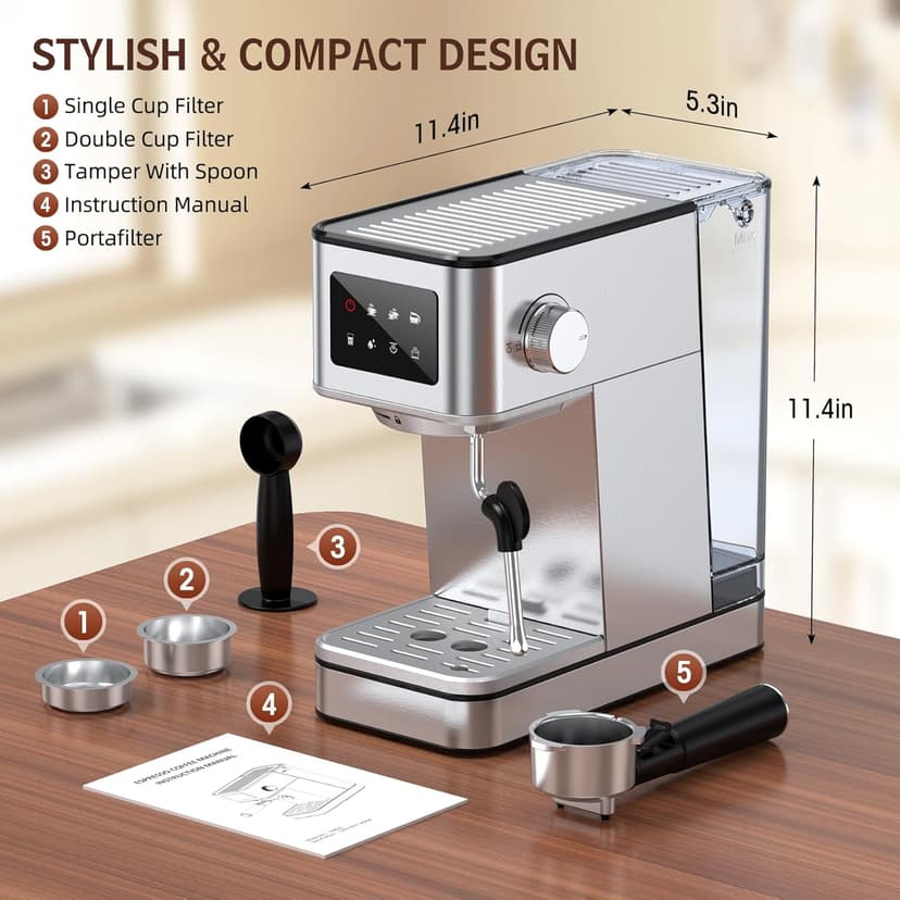 Espresso Machine with Milk Frother, 20 Bar Compact Espresso Maker with Touch Screen & 57.5oz Removable Water Tank for Home, Stainless Steel Coffee Machine for Cappuccino, Latte, Silver(updated)