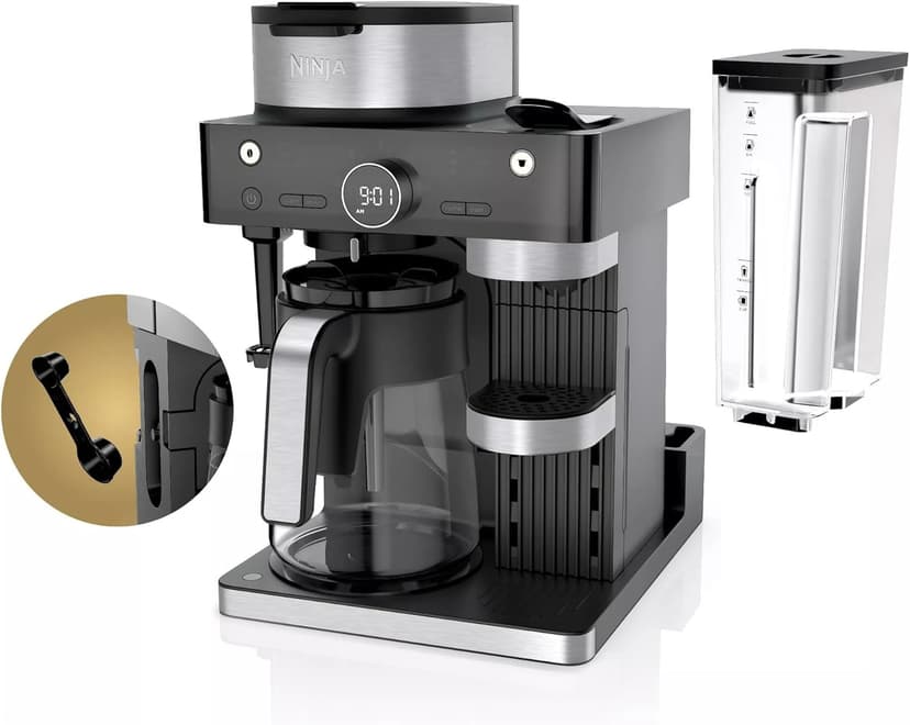 Ninja CFN601 Espresso & Coffee Barista System, Single-Serve Coffee & Compatible with Nespresso Capsule, 12-Cup Carafe, Built-in Frother, Cappuccino & Latte Maker, Black & Stainless Steel (Renewed)