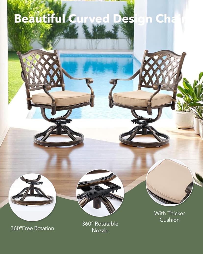 9 Piece Cast Aluminum Outdoor Dining Set, Retro Patio Dining Furniture Set for 8 Includes 86” Table 2 Swivel & 6 Stackable Lattice Chairs with Cushions and 2“ Umbrella Hole for Porch Poolside Garden