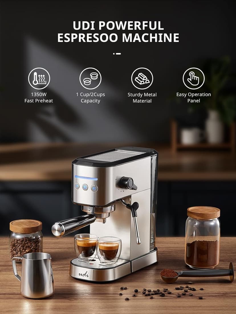 UDI Espresso Machine with Milk Frother, 20 Bar High Pressure Professional Espresso Maker Automatic, Compact Stainless Steel Coffee Machine for Cappuccino, Latte, Silver
