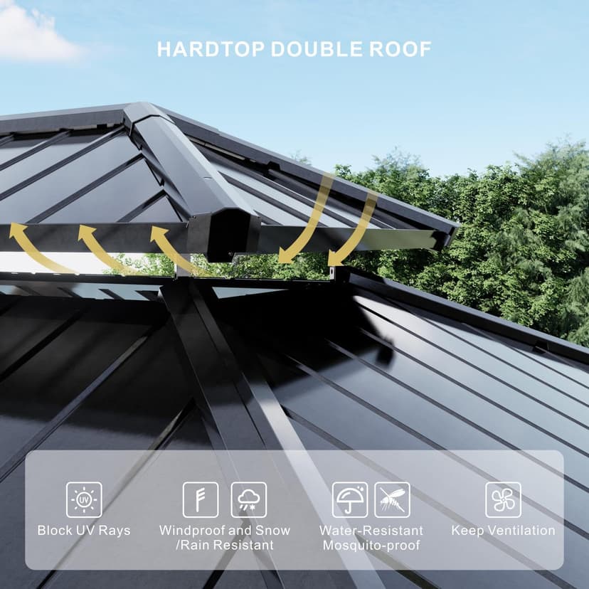 10’x12’ Hardtop Gazebo, Galvanized Steel Double Roof Canopy with Aluminum Frame, Outdoor Pavilion with Nettings and Curtains