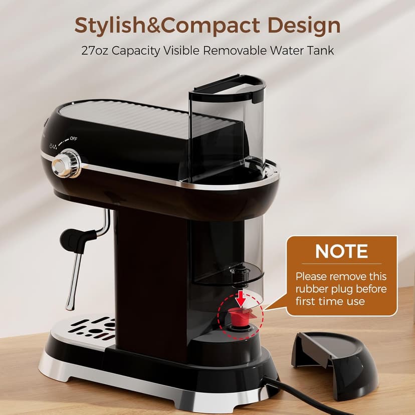 Espresso Machine with Milk Frother, 20 Bar Espresso Maker for Latte and Cappuccino, Expressions Coffee Machine with Removable Water Tank (Glossy dark)