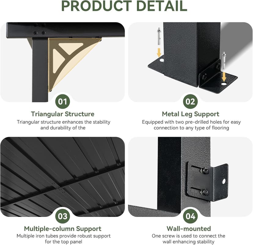 Aoxun 10' x 14' Lean to Gazebo, Upgraded Hardtop Outdoor Pergola with Sloping Galvanized Steel Roof, Large Wall-Mounted Heavy Duty Awnings for Patio, Backyard, Deck, Porch