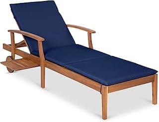 Best Choice Products 79x26in Acacia Wood Chaise Lounge Chair Recliner, Outdoor Furniture for Patio, Poolside w/Slide-Out Side Table, Foam-Padded Cushion, Adjustable Backrest, Wheels - Navy Blue