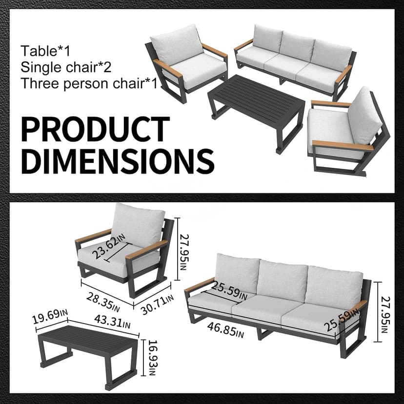 Aluminum Outdoor Furniture with Coffee Table,5 Seats Patio Furniture Set Sectional Waterproof Sofa with Conversation Set Table with Upgrade and Washable Cushion Grey