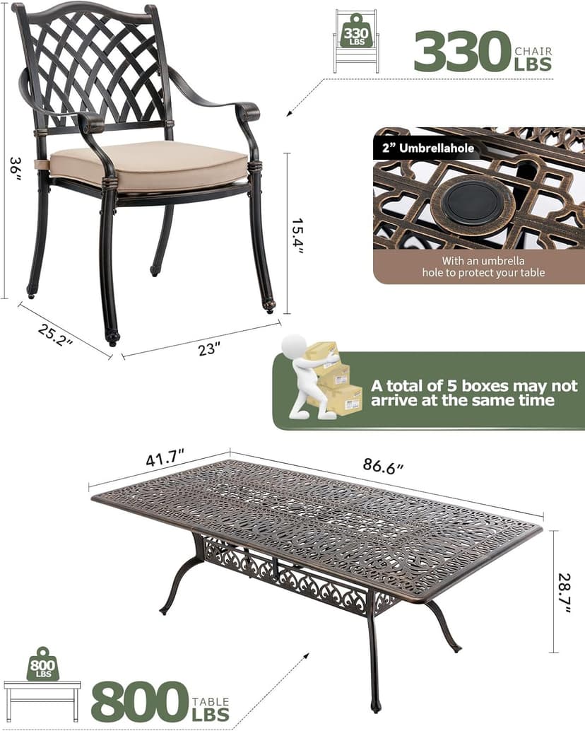 9 Piece Cast Aluminum Outdoor Dining Set, Retro Patio Dining Furniture Set for 8 Includes 86” Table 2 Swivel & 6 Stackable Lattice Chairs with Cushions and 2“ Umbrella Hole for Porch Poolside Garden