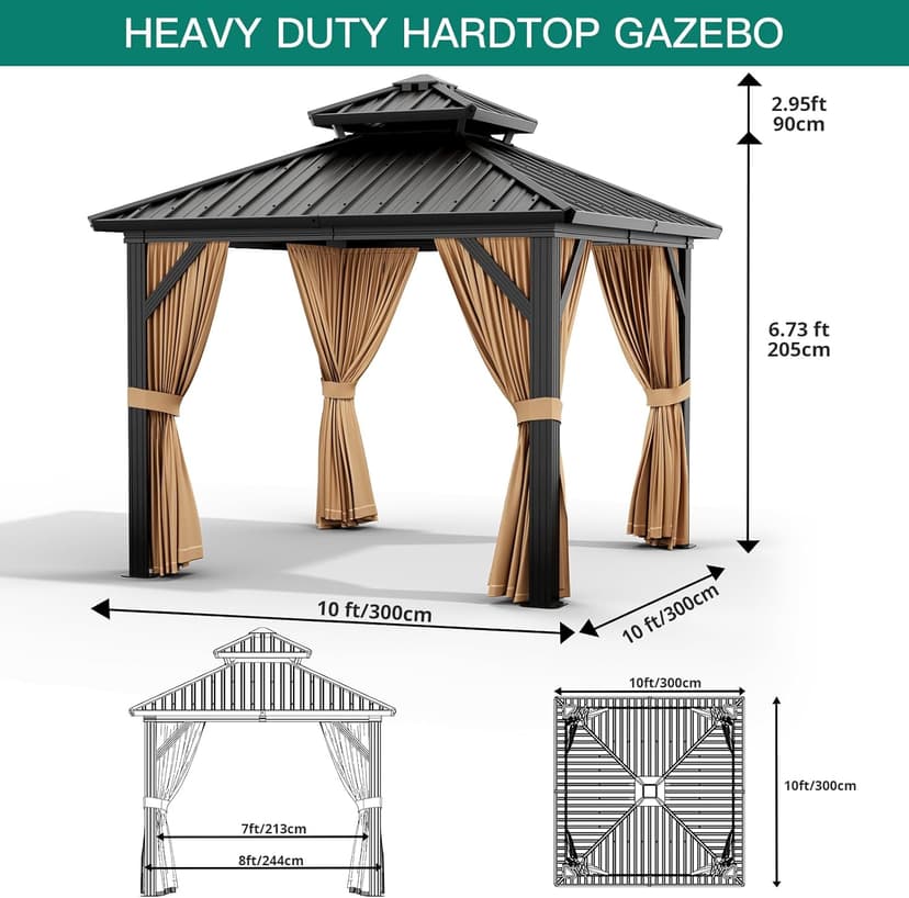 10'x10' Hardtop Gazebo, Heavy Duty Aluminum Permanent Hardtop Gazebo Outdoor Pavilion with Curtains and Netting for Garden (Khaki, 10'x10')