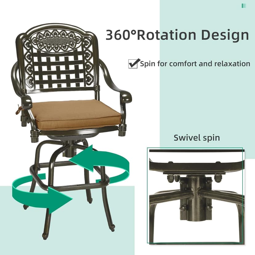 VIVIJASON 9-Piece High Patio Dining Set, Free-Rust Cast Aluminum Patio Bar Table and Chairs Set with 8 Swivel Bar Stools & 64" Bar Height Dining Table, Umbrella Hole for Backyard, Lawn, Garden