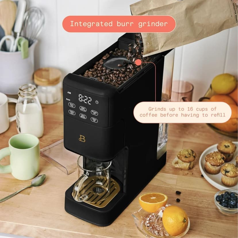 Beautiful Perfect Grind™ Single Serve Coffee Maker, built-in grinder, 6 sizes, 3 strengths, pod-free, reusable filter, 64oz reservoir, touch display, hot & iced brew. (Black Sesame)