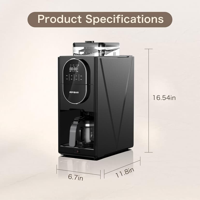 Coffee Maker with Grinder, Programmable Hot and Cold Coffee Maker with 22 oz Glass Carafe, Adjustable Fully Automatic grind and brew Coffee Machine with Timer, Black Americano Iced Coffee Machine
