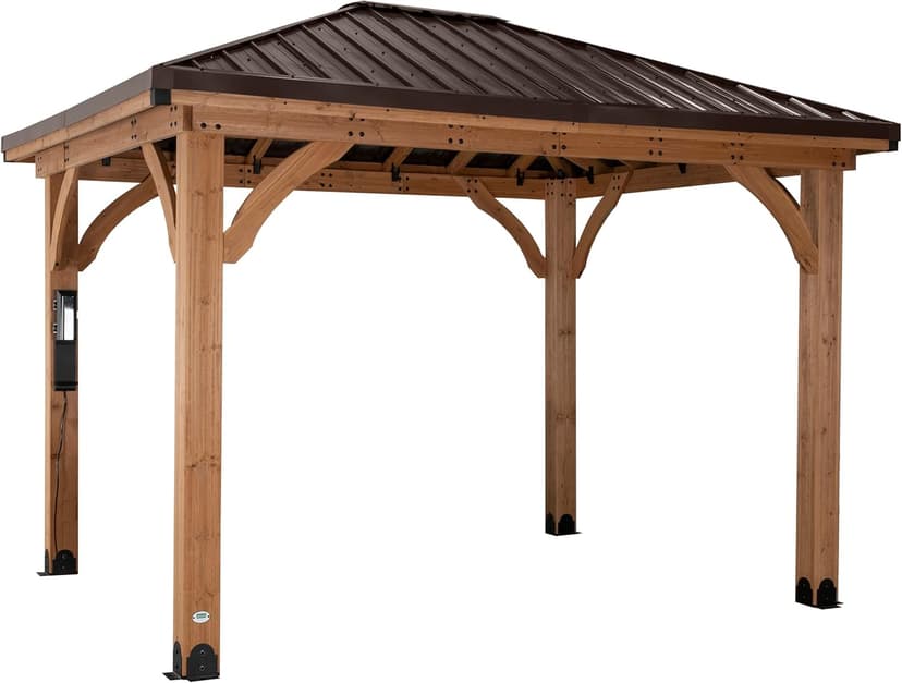 Backyard Discovery Barrington 12' x 12' Cedar Wood Outdoor Gazebo Pavilion with Hardtop Galvanized Steel Hip Roof, Snow Support, Wind Resistance, PowerPort, Shade for Garden, Patio, Deck, Entertaining