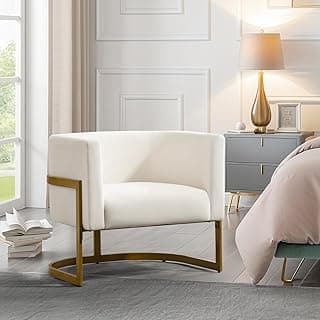 Modern Off-White Accent Chair, Velvet Barrel Chair Padded Seat, Upholstered Comfy Armchair for Reading/Living Room/Bedroom/Club Side Chairs with Luxury Gold Frame