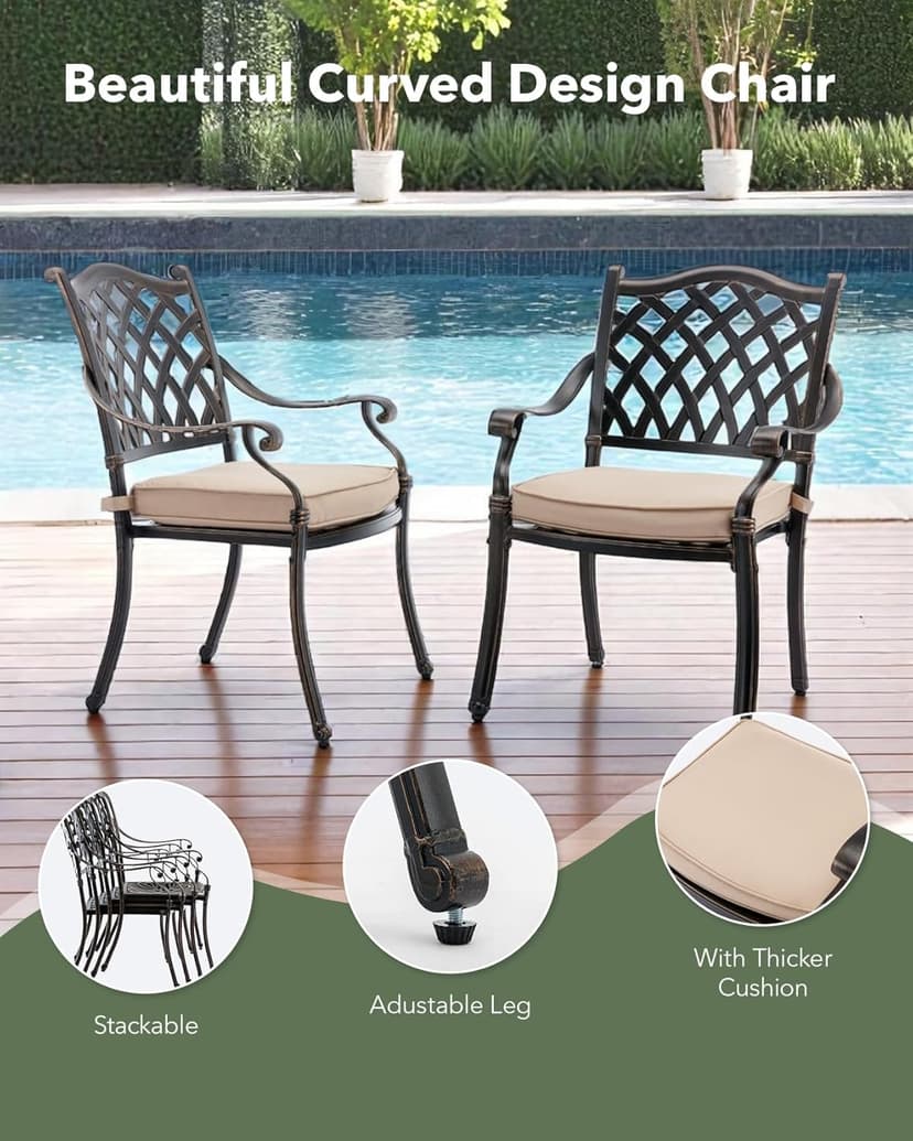 9 Piece Cast Aluminum Outdoor Dining Set, Retro Patio Dining Furniture Set for 8 Includes 86” Table 2 Swivel & 6 Stackable Lattice Chairs with Cushions and 2“ Umbrella Hole for Porch Poolside Garden