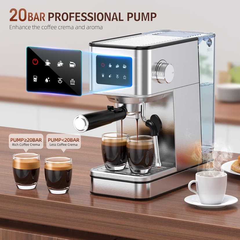 Espresso Machine with Milk Frother, 20 Bar Compact Espresso Maker with Touch Screen & 57.5oz Removable Water Tank for Home, Stainless Steel Coffee Machine for Cappuccino, Latte, Silver(updated)