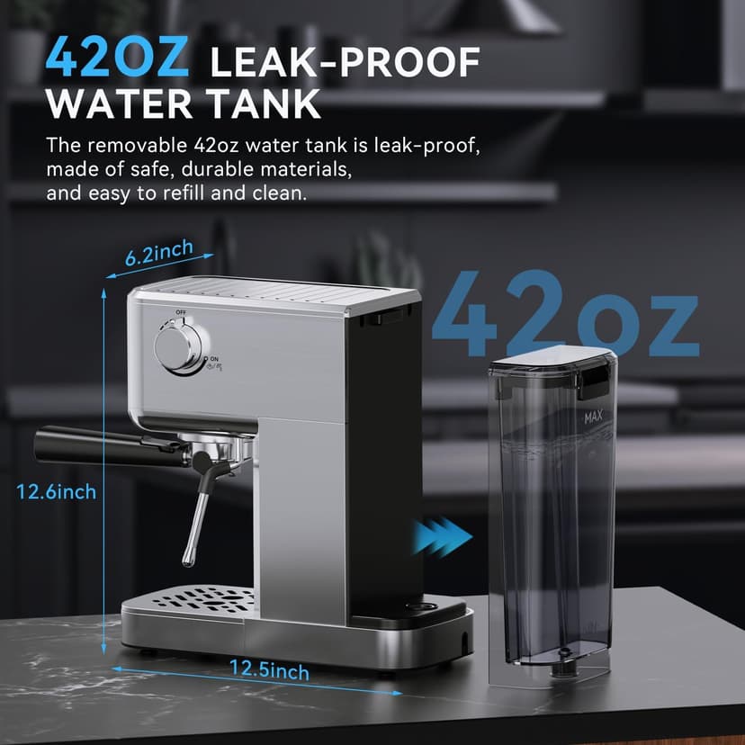 Espresso Machine 20 Bar with Milk Frother, Stainless Steel Coffee Maker with 42 oz Removable Water Tank for Cappuccino, Latte&Cold Brew, Home&Office, Silver