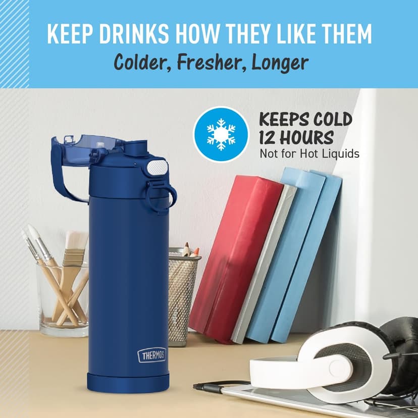 THERMOS FUNTAINER 16 Ounce Stainless Steel Vacuum Insulated Bottle with Wide Spout Lid, Navy