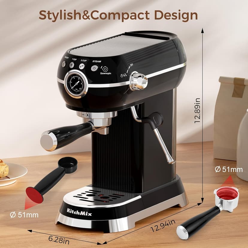 Espresso Machine with Milk Frother, 20 Bar Espresso Maker for Latte and Cappuccino, Expressions Coffee Machine with Removable Water Tank (Glossy dark)