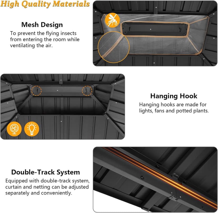 HOTEEL 10x12 Hardtop Gazebo Hot Tub Gazebo with Flame-Retardant Curtain Netting, Heavy Duty Pavilion with Galvanized Steel Double Roof, Aluminum Frame Outdoor Canopy for Patio, Party (2025 Upgraded)