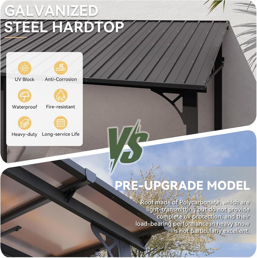 Aoxun 10' x 14' Lean to Gazebo, Upgraded Hardtop Outdoor Pergola with Sloping Galvanized Steel Roof, Large Wall-Mounted Heavy Duty Awnings for Patio, Backyard, Deck, Porch