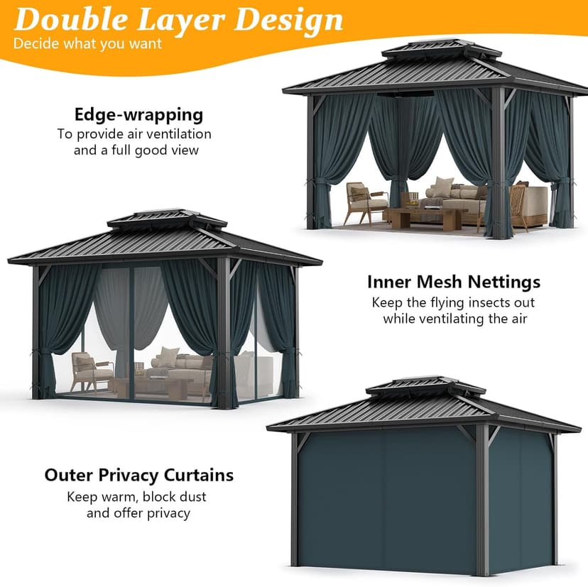 HOTEEL 10x12 Hardtop Gazebo Hot Tub Gazebo with Flame-Retardant Curtain Netting, Heavy Duty Pavilion with Galvanized Steel Double Roof, Aluminum Frame Outdoor Canopy for Patio, Party (2025 Upgraded)
