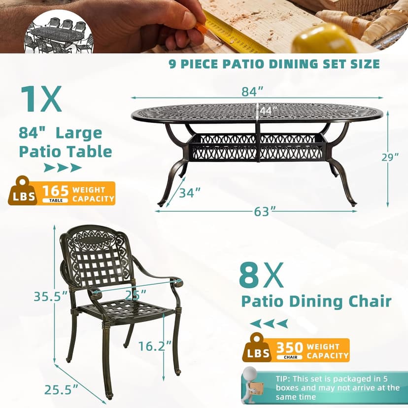 MEETWARM 9-Piece Outdoor Furniture Dining Set, All Weather Cast Aluminum Patio Garden Set with 8 Chairs,1 Oval Table, 2" Umbrella Hole, Dark Bronze