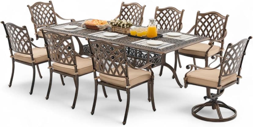 9 Piece Cast Aluminum Outdoor Dining Set, Retro Patio Dining Furniture Set for 8 Includes 86” Table 2 Swivel & 6 Stackable Lattice Chairs with Cushions and 2“ Umbrella Hole for Porch Poolside Garden