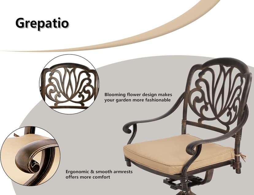 Grepatio 9 Piece Cast Aluminum Patio Furniture Set Outdoor Dining Set Bistro Furniture Set with 6 Chairs 2 Swivel and Dining Table, 8 Cushions for Backyard Garden (Khaki)