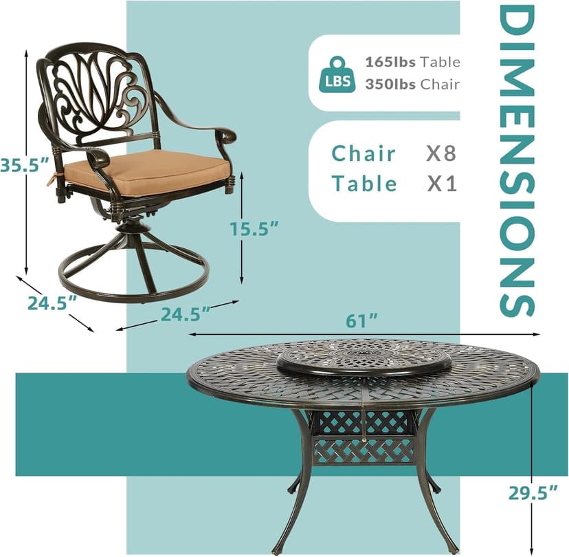 MEETWARM Outdoor 9-Piece Patio Dining Set, All-Weather Cast Aluminum Patio Conversation Set- 8 Cushioned Swivel Rocker, 61" Round Patio Dining Table w/Detachable Lazy Susan/Umbrella Hole, Dark Bronze
