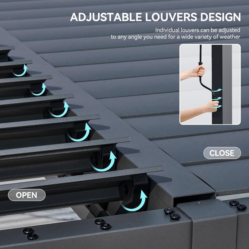 Aoxun Louvered Pergola 10' x 10' Outdoor Aluminum Pergola with Adjustable Top for Decks, Gardens and Backyards, Gray