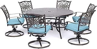 Hanover Traditions Set with 6 Swivel Rocker Chairs, Tan Cushions and Large 38"x72" Dining Table, Outdoor Dining Set for 6