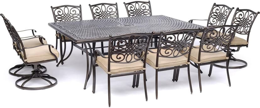 Hanover Traditions 11-Piece Outdoor Dining Set with 60" x 84" Cast-Top Aluminum Table, 6 Dining Chairs, and 4 Swivel Rockers with Thick Foam Cushions