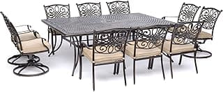 Hanover Traditions 11-Piece Outdoor Dining Set with 60" x 84" Cast-Top Aluminum Table, 6 Dining Chairs, and 4 Swivel Rockers with Thick Foam Cushions