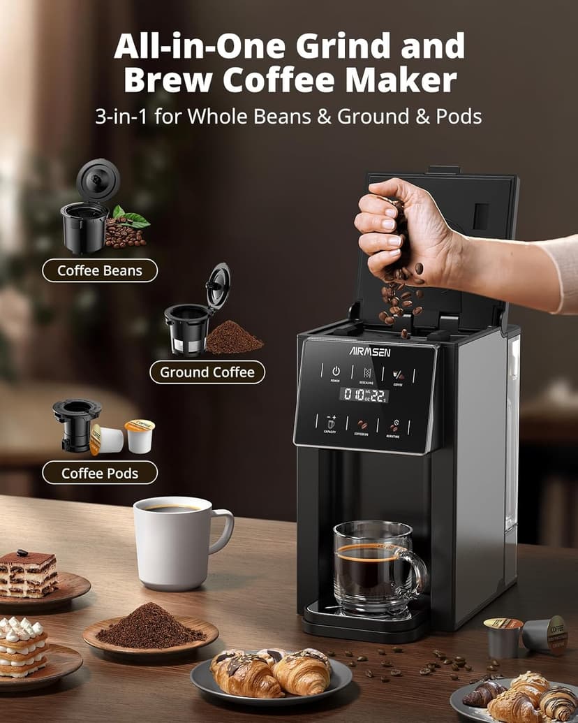 AIRMSEN Grind & Brew Coffee Maker with Grinder - Single Serve Machine Compatible with K-Cup Pods & Ground, 1000W Fast 6-14oz Brewer, Descaling Alert, Touchscreen & 50oz Removable Tank