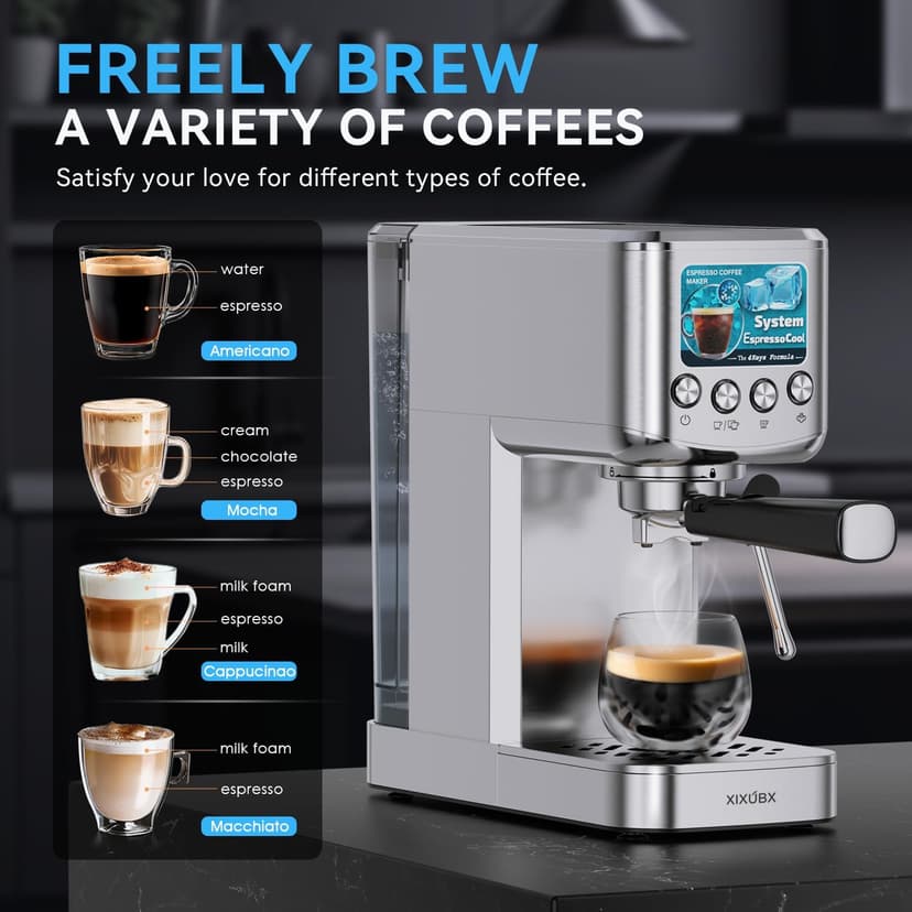 Espresso Machine 20 Bar with Milk Frother, Stainless Steel Coffee Maker with 42 oz Removable Water Tank for Cappuccino, Latte&Cold Brew, Home&Office, Silver