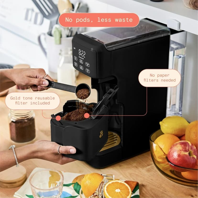 Beautiful Perfect Grind™ Single Serve Coffee Maker, built-in grinder, 6 sizes, 3 strengths, pod-free, reusable filter, 64oz reservoir, touch display, hot & iced brew. (Black Sesame)