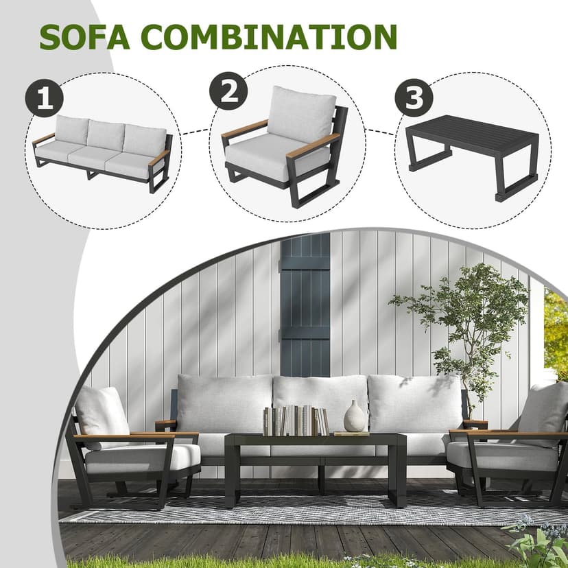 Aluminum Outdoor Furniture with Coffee Table,5 Seats Patio Furniture Set Sectional Waterproof Sofa with Conversation Set Table with Upgrade and Washable Cushion Grey